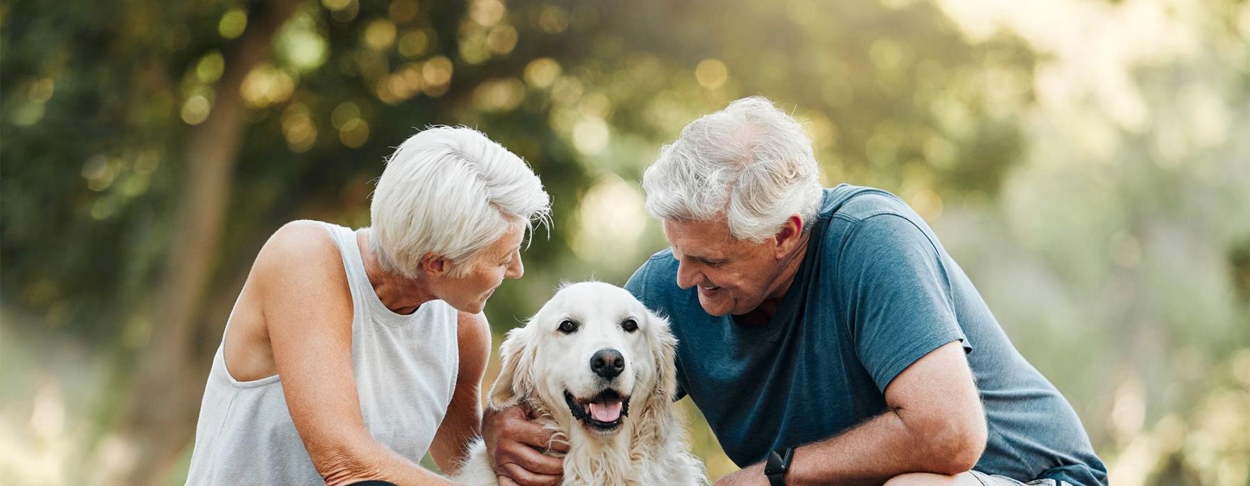 a man and woman petting a dog